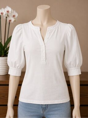 BCX Womens White Ribbed Henley Puff Sleeve Mixed‎ Media Top Small 106873A
